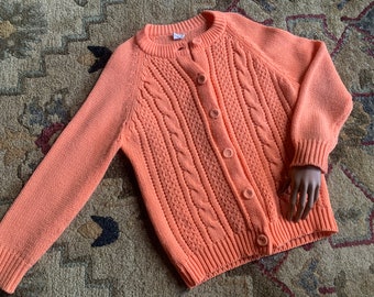 Orange Sherbet Colored Cable Knit Cardigan | Made in Korea | 100% Acrylic | Yarn Covered Buttons | Excellent Condition | Large