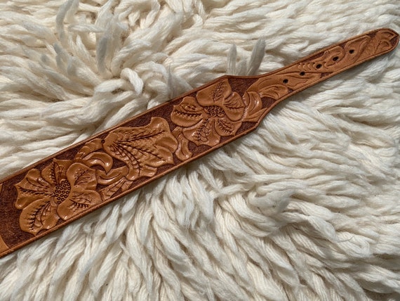 Tooled Leather Belt Embossed Flowers with Name of… - image 4
