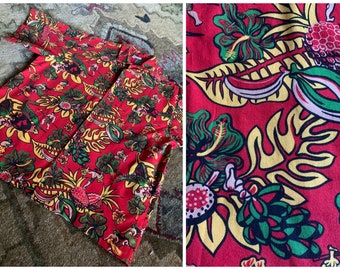 Fabulous Hawaiian Novelty Print Shirt | Canoe Clothing Company | Red Background | Fishing Scenes | Tropical Foliage | Cotton | Large Size