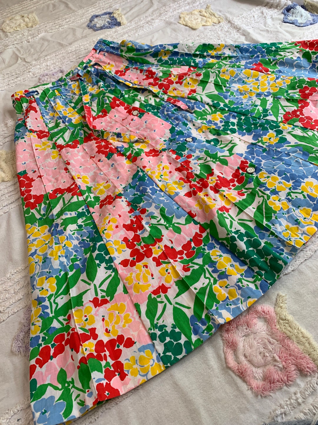 Peter Popovich Pintuck Umbrella Skirt Colorful Floral Print Drawstring ...