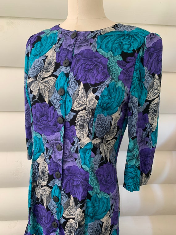 Purple and Turquoise Blue Floral Print Rayon Dres… - image 4