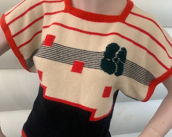 Tee Shaped Sweater | Stripes Squares and Flower Graphic | Made in England for Neiman Marcus | Red Banded Trim