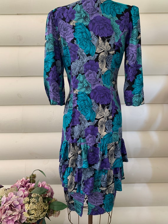 Purple and Turquoise Blue Floral Print Rayon Dres… - image 5