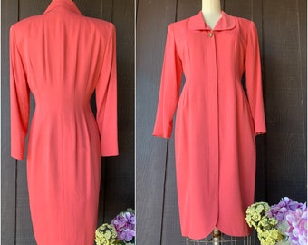 Liz Claiborne Coral Coat Dress | 1980s Fashion | Hidden Button Closure | Fitted | Padded Shoulders | Shawl Collar | Career Fashion | Size 10