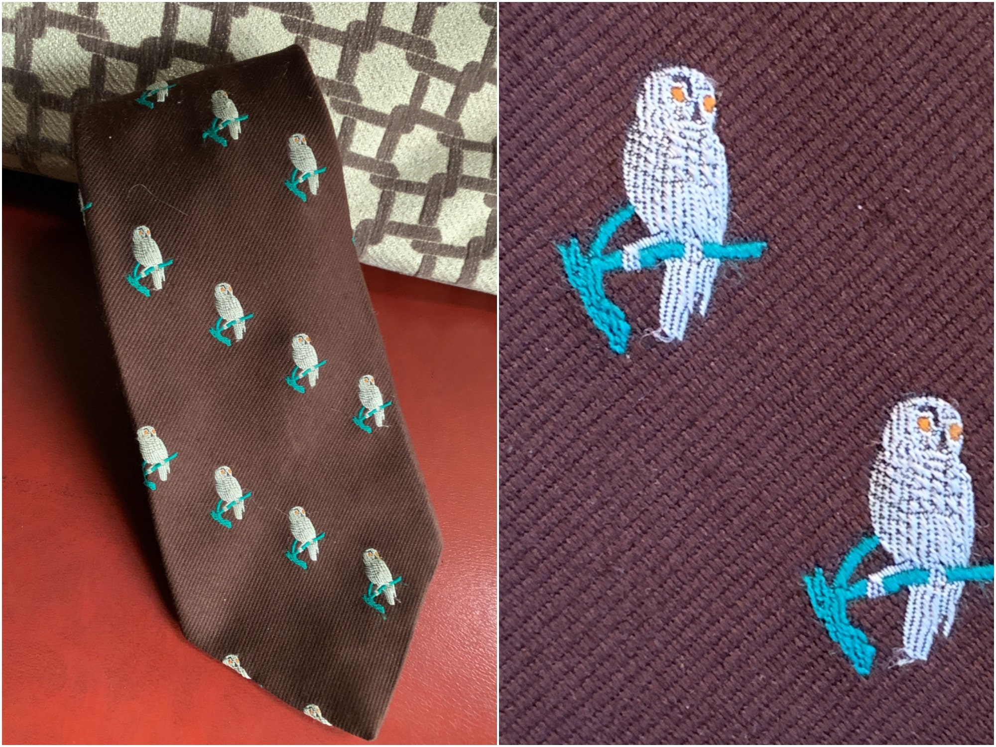 Chocolate Brown Tie with Embroidered Snowy Owls | Bright Yellow Lining | Nature Lover | Bird of Prey