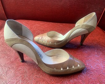 1980s Leather Pumps | Pempinello | Made in Italy | Mixed Leather | Brown Taupe Cream | Triangle Peephole Details | Curves | Size 36 1/2