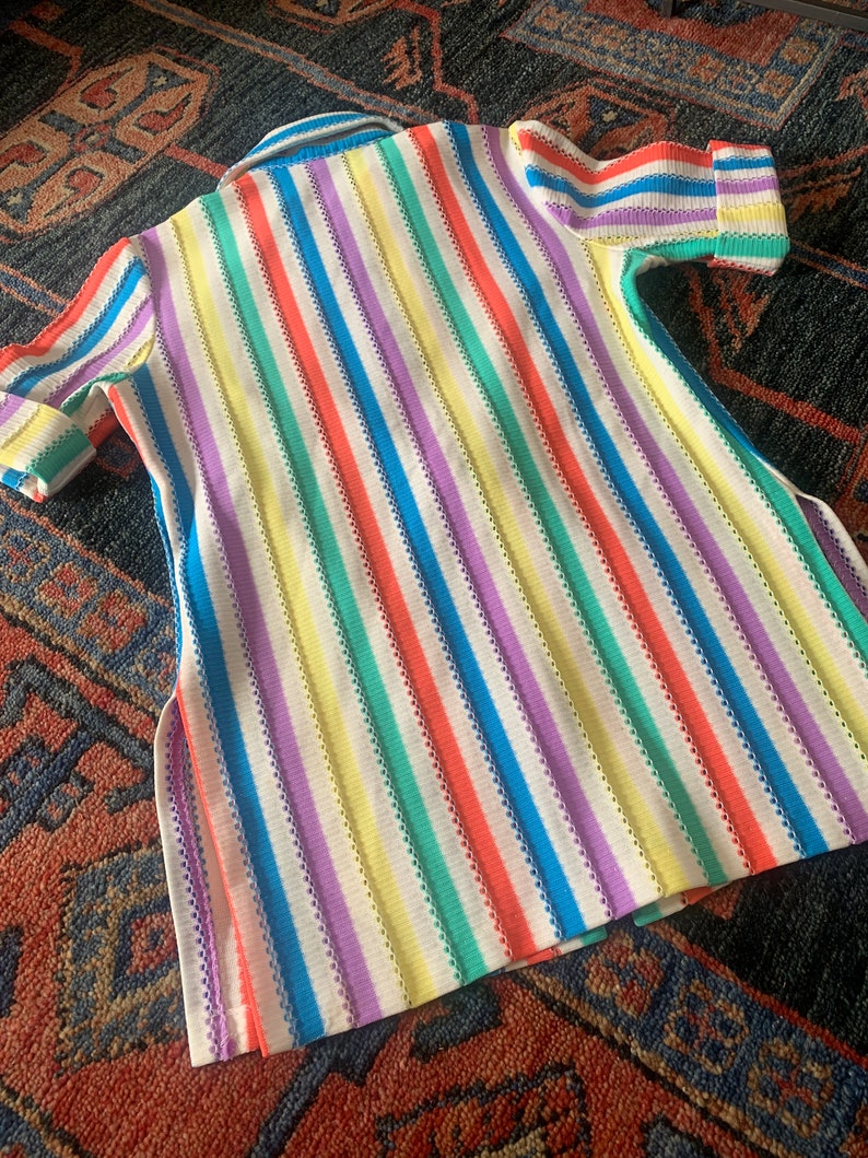 Rainbow Striped Zippered Top by Pykettes Short Sleeves with Cuffs Tear Drop Zipper Pull Side Slits Front Pockets Pointed Collar image 2