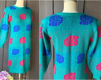 Turquoise Sweater Dress by Pasta | Acrylic | Pop Art Rose Pattern | Like Totally 80's | Shoulder Pads | Bold Electric Flashy Colors