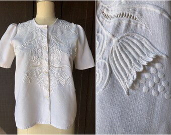 Embroidered Blouse with Raised Floral Design | Scroll, Leaves and Flowers | Collarless | Poufy Shoulders | Cut Work | Dimensional Design