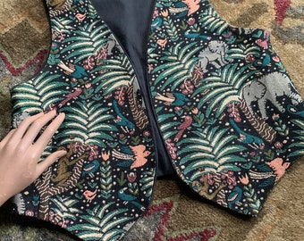 Tapestry Vest | by New Humor | NOS | Tropical Print | Palm Trees, Monkeys,  Elephants, Birds | Medium | 1990s Fashion