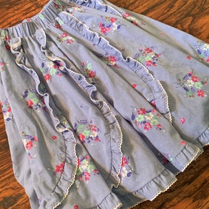 Petite Jeri Bee Square Dance Skirt Blue Polyester Cotton Floral Print 1960s 1970s Ruffle Trim Novelty Circle Skirt Dance Fashion image 1