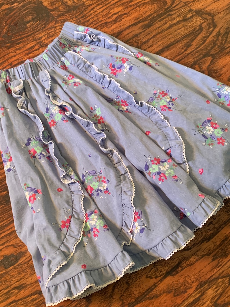 Petite Jeri Bee Square Dance Skirt Blue Polyester Cotton Floral Print 1960s 1970s Ruffle Trim Novelty Circle Skirt Dance Fashion image 1