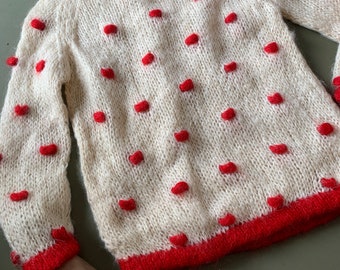 Cream Mohair/Wool Sweater with Red "Puff" Accents | Hand Knit in Italy | Festive | Winter Fashion | Novelty | Cozy