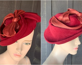 Burgundy Red Furfelt Avant Garde Hat | Celine Robert Design | Made in France | Sculpted Design | Ribbon Detail