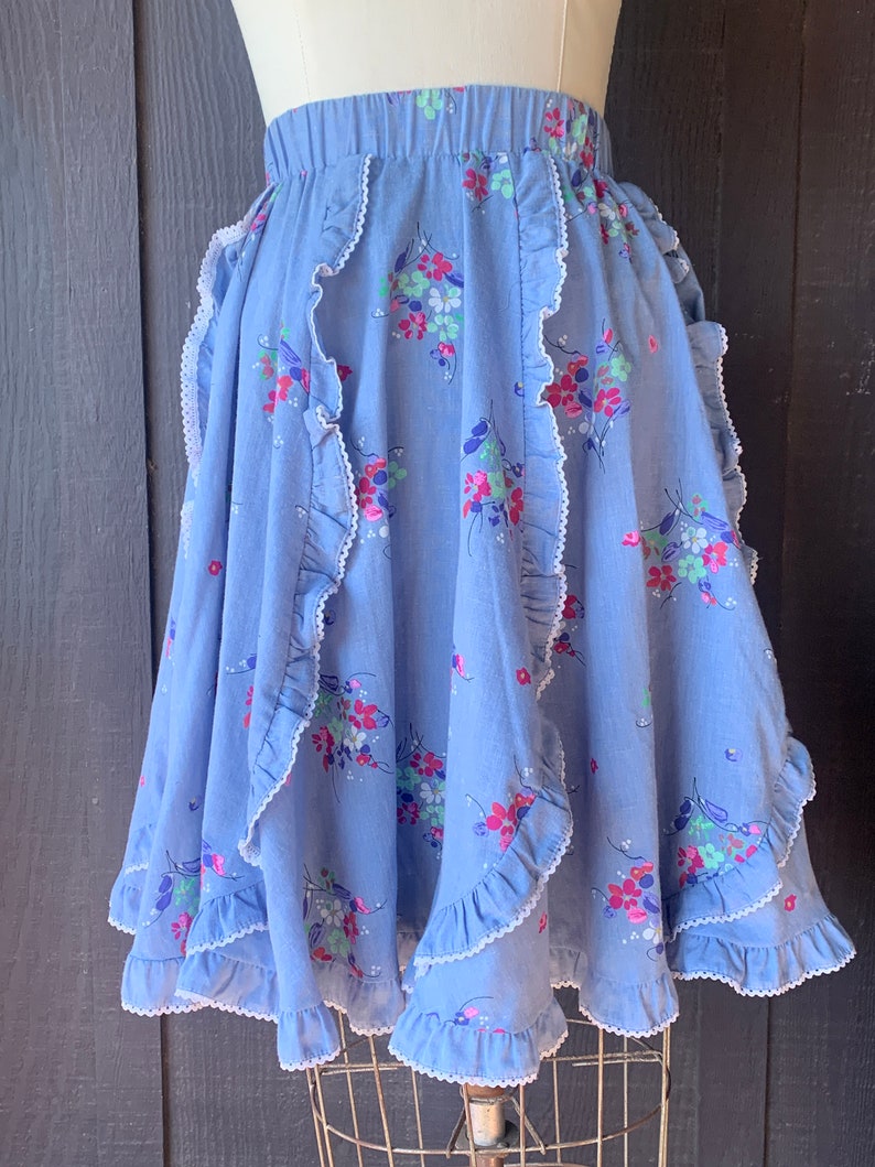 Petite Jeri Bee Square Dance Skirt Blue Polyester Cotton Floral Print 1960s 1970s Ruffle Trim Novelty Circle Skirt Dance Fashion image 2