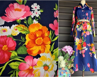 Bullocks Wilshire Vivid Floral Print Dress | Concept 70's Swirl | Shirt Dress Style | Hostess Loungewear | Exotic Robe | Vibrant Graphics