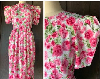 Pink Floral Print Dress | Maggy Boutique | 100% Polyester | Pintuck Shoulders | Romantic Feminine | Summer Lightweight Style | Size 8