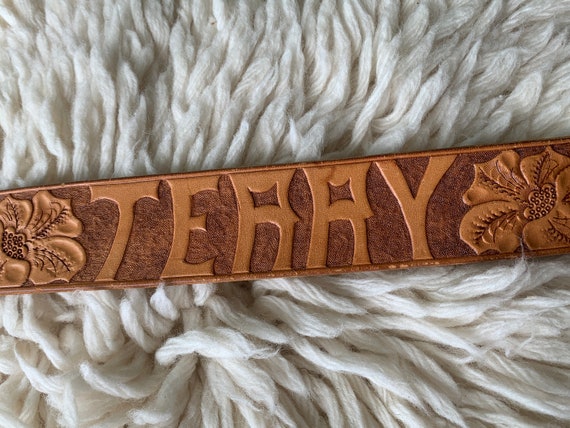 Tooled Leather Belt Embossed Flowers with Name of… - image 5