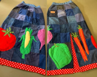 Rare 1960s Wrangler Patchwork Maxi Skirt | Large Vegetable Applique Work | Red White Polka Dot Lining and Hemline | Zipper and Hooks