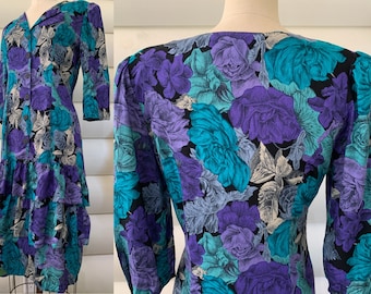 Purple and Turquoise Blue Floral Print Rayon Dress | John Richard of California | Rayon | Padded Shoulders | 2 Ruffles on Skirt | Size 9-10