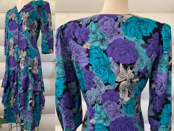 Purple and Turquoise Blue Floral Print Rayon Dres… - image 1