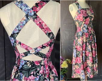 Floral Print Summer Dress | Dawn Joy Fashions | Size 7/8 | Criss Cross Straps | Dropped Waist | Princess Seams | 100% Cotton | Waist Tie