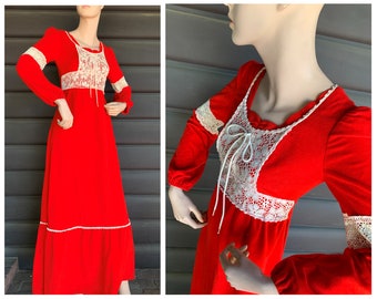 Red Cottagecore Maxi Dress | Long Sleeve | Tie Back | Boho Bohemian | Country Wedding | Cream Lace | PeekaBoo Sleeve Detail | Small