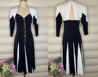 80s Contrast Panel Dress | d. Frank | Jewel Tone Acrylic Buttons | Gold Piping Details | Shoulder Pads | Triangle Open Back | Dance Dress