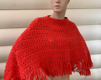 Coral Poncho | Made in Hong Kong | All Wool | Fringe | Hand Knitted | 1970s Fashion | Never Worn