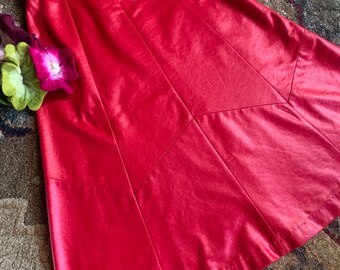 Slick Shiny Cherry Red Panel Skirt | Pierre Lamonte | A-Line | 100% Polyester | Left Side Button and Zipper | Glam | Faux Leather Look