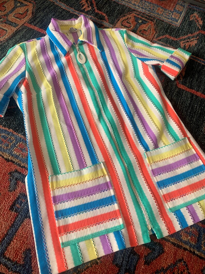 Rainbow Striped Zippered Top by Pykettes Short Sleeves with Cuffs Tear Drop Zipper Pull Side Slits Front Pockets Pointed Collar image 1