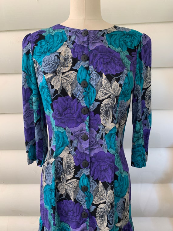 Purple and Turquoise Blue Floral Print Rayon Dres… - image 3