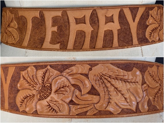 Tooled Leather Belt Embossed Flowers with Name of… - image 1