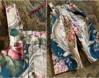 Children's Floral Bark Cloth Overalls | Vintage Style | Button Straps | Floral Bouquet | Retro Romper | Funky Playclothes