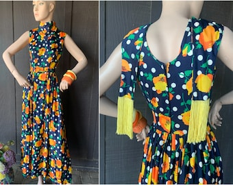 Vintage Custom Made Maxi Dress | Poppies and Polka Dots | Scarf with Fringe Design | Excellent Condition | Small Waisted | Vivid Colors