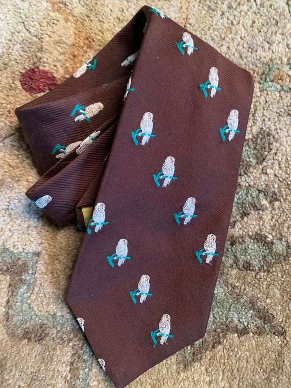 Chocolate Brown Tie with Embroidered Snowy Owls |… - image 2