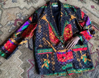 Silky Polyester Blazer with Vibrant Baroque Print | De Vogue Collection | Made in Korea | 1980s Style | Pockets | Fully Lined | Excellent