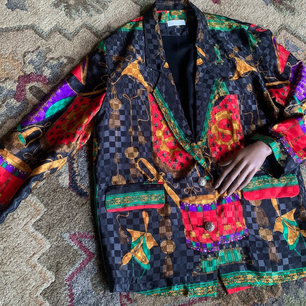 Silky Polyester Blazer with Vibrant Baroque Print | De Vogue Collection | Made in Korea | 1980s Style | Pockets | Fully Lined | Excellent