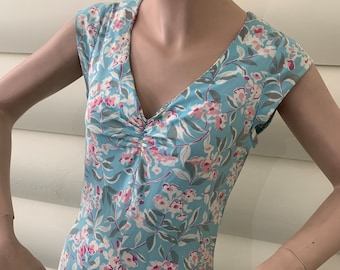 Floral Print Maxi Dress | Corky Craig | Pink Flowers on Baby Blue Background | Cap Sleeve | Shirred Front | Small Size | 58" Long Dress