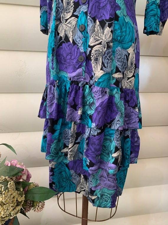 Purple and Turquoise Blue Floral Print Rayon Dres… - image 7
