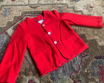 Fire Engine Red Boy's Wool Coat | a Hy-Line Product | 1960s Fashion | Size 7 | Dapper Fashion | Collarless | Welt Pockets | Button Down