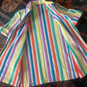 Rainbow Striped Zippered Top by Pykettes Short Sleeves with Cuffs Tear Drop Zipper Pull Side Slits Front Pockets Pointed Collar image 3