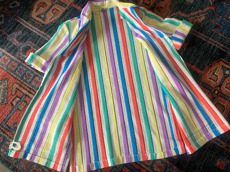 Rainbow Striped Zippered Top by Pykettes Short Sleeves with Cuffs Tear Drop Zipper Pull Side Slits Front Pockets Pointed Collar image 3