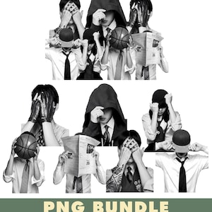 Puede incluir: Imagen en blanco y negro con múltiples figuras, algunas con rostros cubiertos. Algunas figuras sostienen una pelota de baloncesto, un periódico o llevan una gorra. La imagen incluye el texto "PNG BUNDLE 40+ FILE PNG" en la parte inferior.