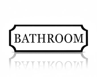 Modern Bathroom Sign – Custom Wall Plaque with Adhesive | Black, White, Grey (White)