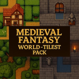 Op de afbeelding: Een pixelafbeelding met een "Medieval Fantasy World-Tileset Pack". De afbeelding toont een huis, kasteelmuren, bomen en paden. De tekst "MEDIEVAL FANTASY WORLD-TILESET PACK" staat in gouden letters op een bruine achtergrond.