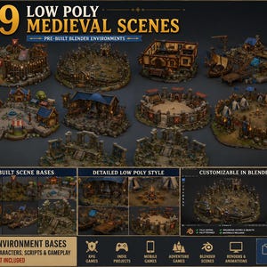 Puede incluir: Una colección digital titulada 9 Low Poly Medieval Scenes con entornos de Blender preconstruidos. La imagen muestra nueve diseños isométricos 3D de aldeas y fortalezas con estructuras de madera, muros de piedra y tiendas de campaña sobre fondos oscuros.