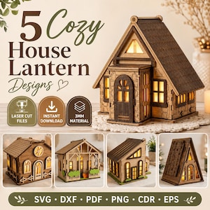 Puede incluir: Cinco diseños de linternas de casa acogedoras. La imagen muestra varias linternas de casa de madera cortadas con láser con ventanas iluminadas. Los diseños incluyen varios estilos arquitectónicos, con el texto "SVG • DXF • PDF • PNG • CDR • EPS" en la parte inferior.