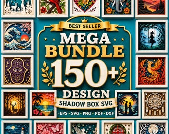 May include: A collection of framed shadow box designs, including images of a cardinal, elephant, sunset, and fairy. The text reads "MEGA BUNDLE 150+ DESIGN SHADOW BOX SVG".