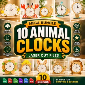 Peut inclure: Un ensemble de dix horloges animales découpées au laser, comprenant un crabe, un escargot et un lion, ainsi qu'une horloge nuage et étoile. L'image affiche le texte "MEGA BUNDLE 10 ANIMAL CLOCKS LASER CUT FILES" et "10 DESIGNS".